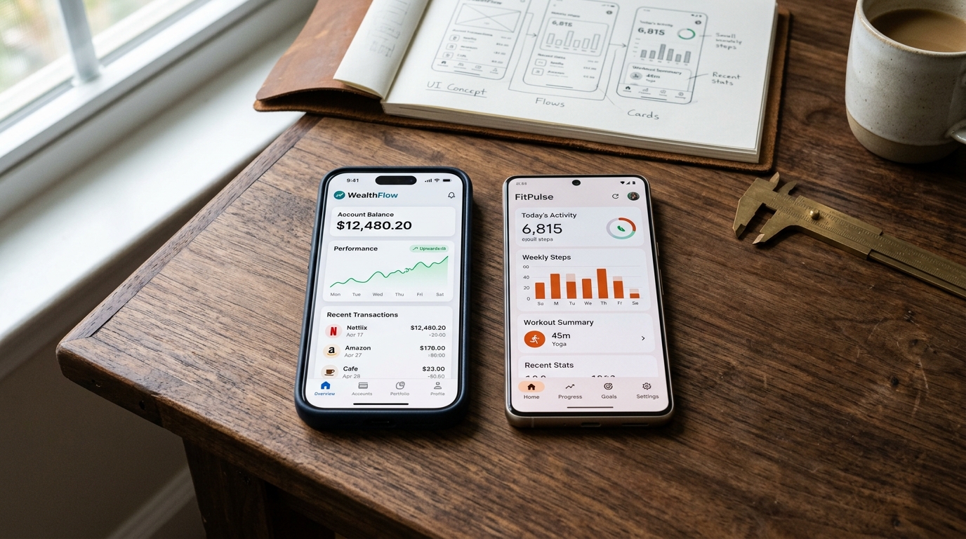 Dual iPhone and Android smartphones displaying crafted mobile applications