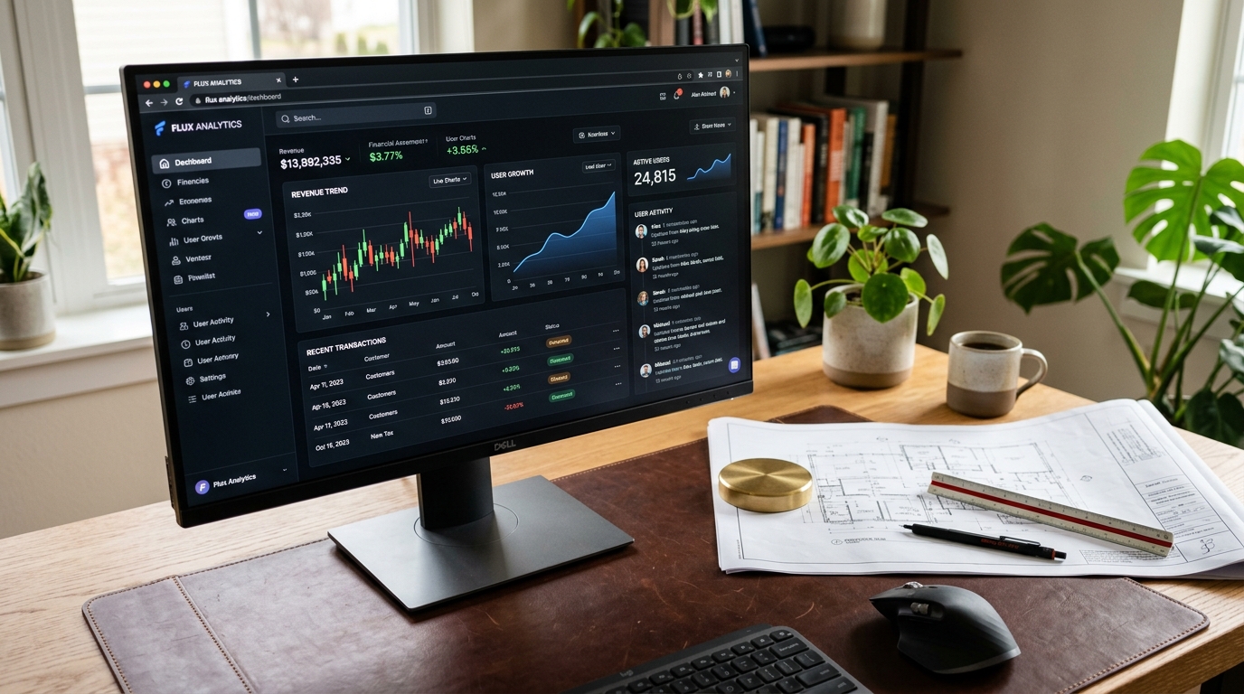 High-resolution web application dashboard monitor on craftsman desk