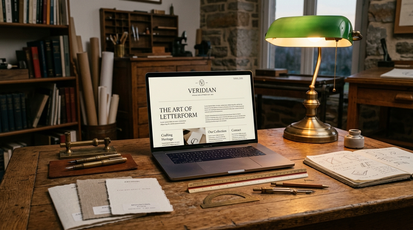 Editorial handcrafted website displayed on laptop in vintage studio