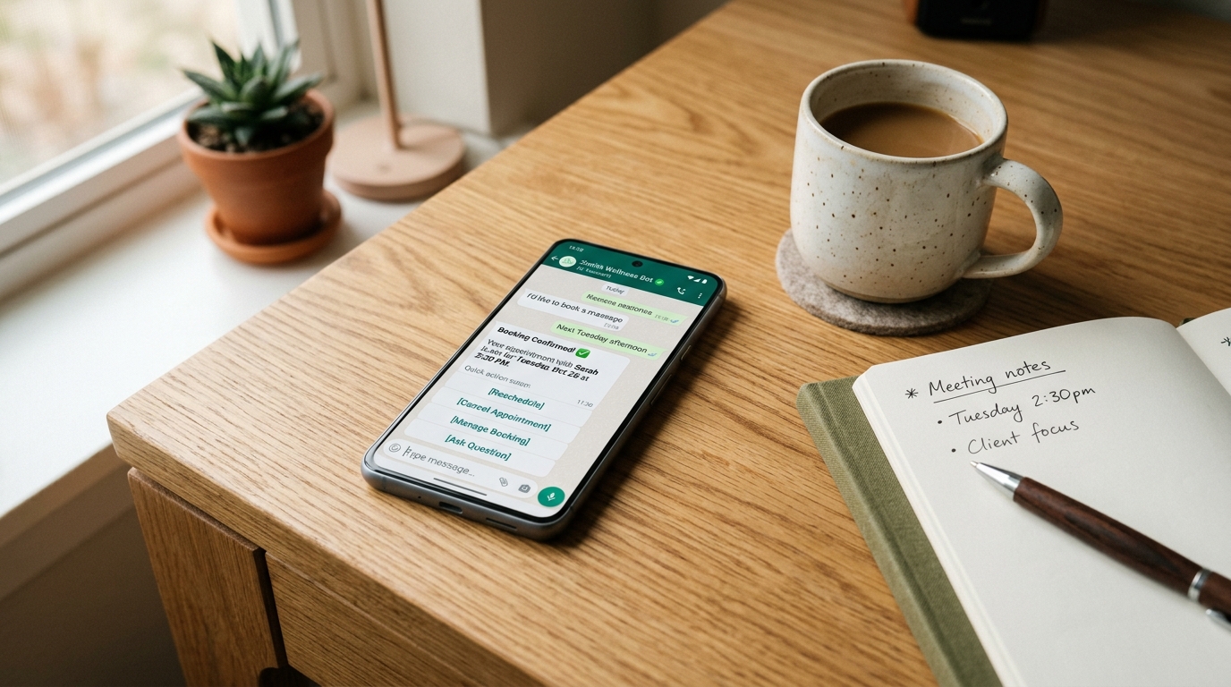 Realistic WhatsApp AI Chatbot running on smartphone on craftsman desk